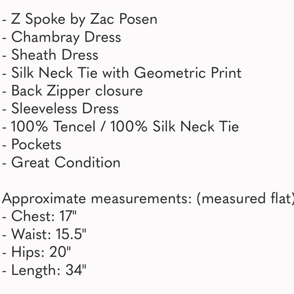 Z Spoke by Zac Posen Chambray Dress with Pockets & Silk Neck Tie Women’s size 8 - Picture 9 of 9